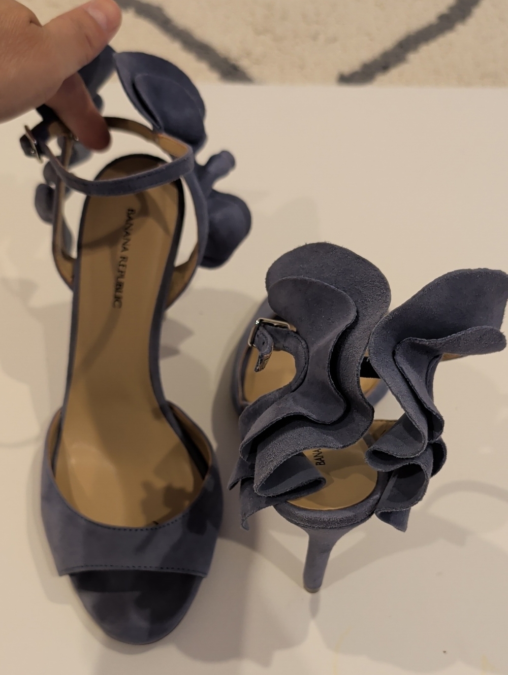 Banana Republic Navy Suede Ruffle Ankle-Strap Heels